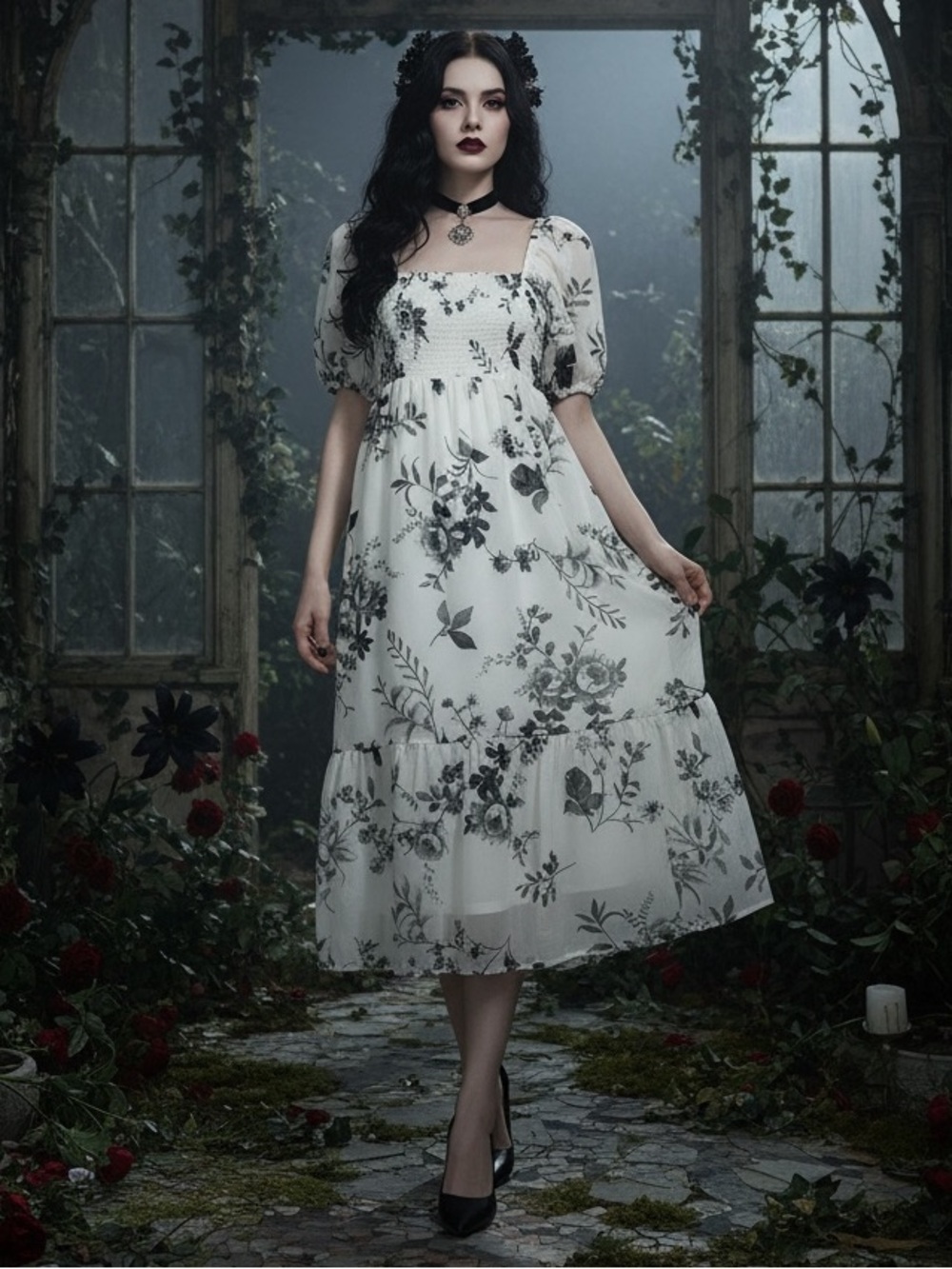 ✨ NWT Costa Blanca Dress Small White Black Floral Toile Gothic Whimsigoth Coquet